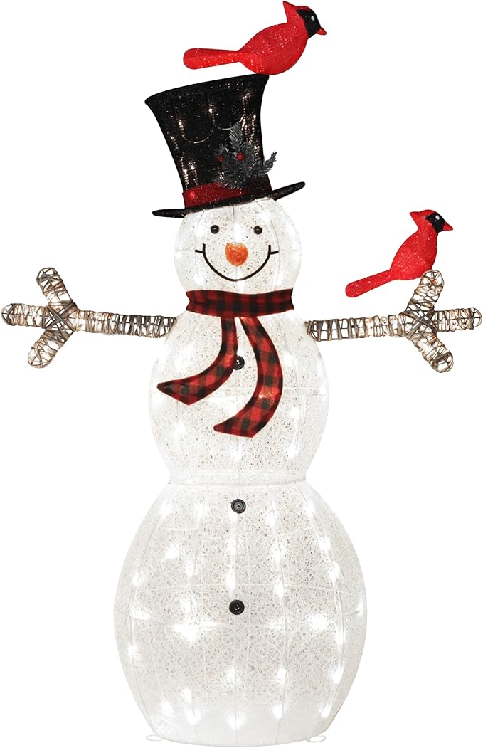 Glittered white snowman decoration with red birds perched on black top hat