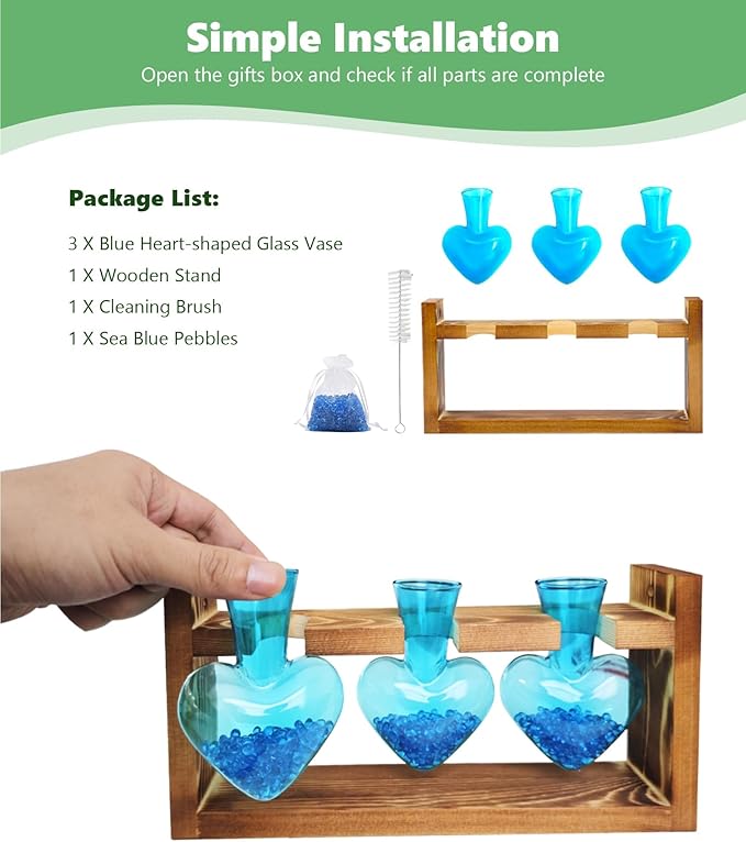Plant propagation station components: wooden stand, blue heart vases, and cleaning brush