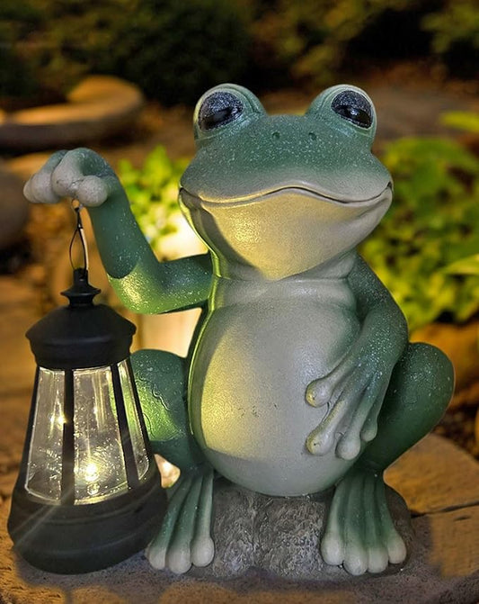 Solar Frog Garden Statue Holding Lantern - IP44 Waterproof Resin Outdoor Decor with Soft Glow