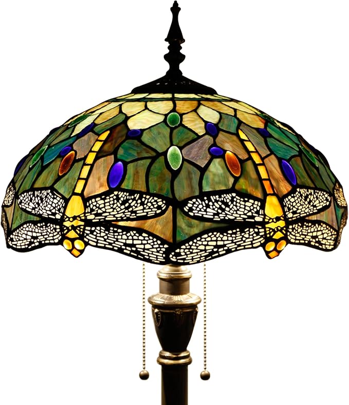 Stained glass floor lamp with multicolor dragonfly-style shade and pull-chain switch