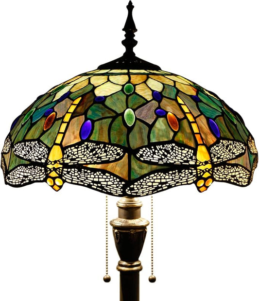 Stained glass floor lamp with multicolor dragonfly-style shade and pull-chain switch