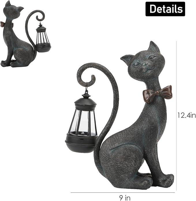 Bronze Solar Cat Garden Statue with Lantern Tail - Resin Outdoor Decor