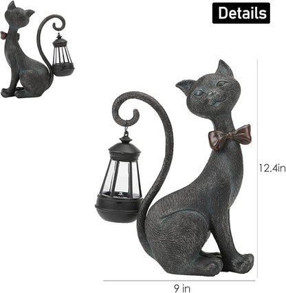 Bronze Solar Cat Garden Statue with Lantern Tail - Resin Outdoor Decor