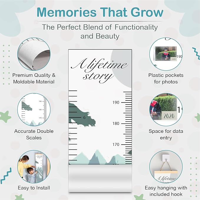 Lifetime story height growth chart with double scales and plastic pockets for photos.