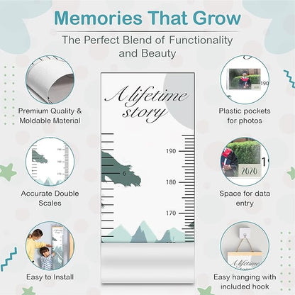 Lifetime story height growth chart with double scales and plastic pockets for photos.