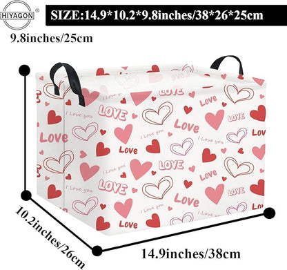 Rectangular valentines gift basket with Love heart pattern and size measurements diagram