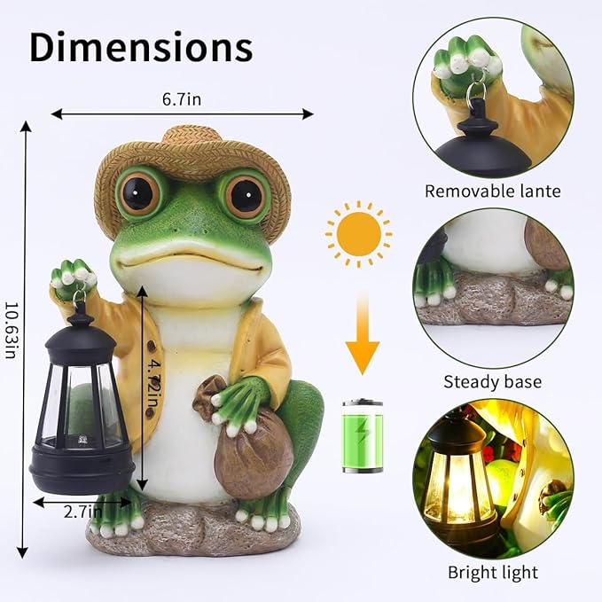 Solar Frog Garden Statue with Detachable Lantern - 10-Inch Resin Outdoor Decor