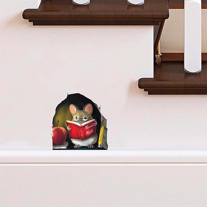 Small mouse wall sticker peeking out, holding a red book and red apple.