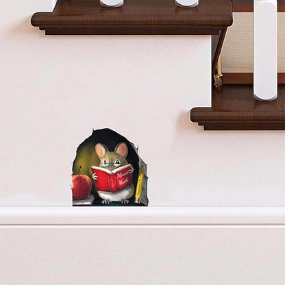 Small mouse wall sticker peeking out, holding a red book and red apple.