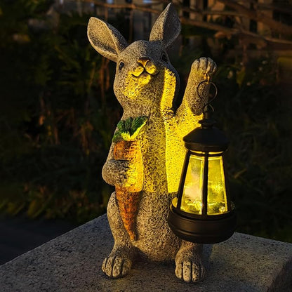 Solar Rabbit Garden Statue with Lantern and Carrot - Handmade Resin Pathway and Patio Decor