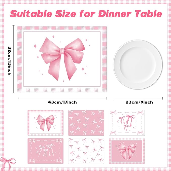Pink plastic placemat set with ribbon bow design, shown with size guide