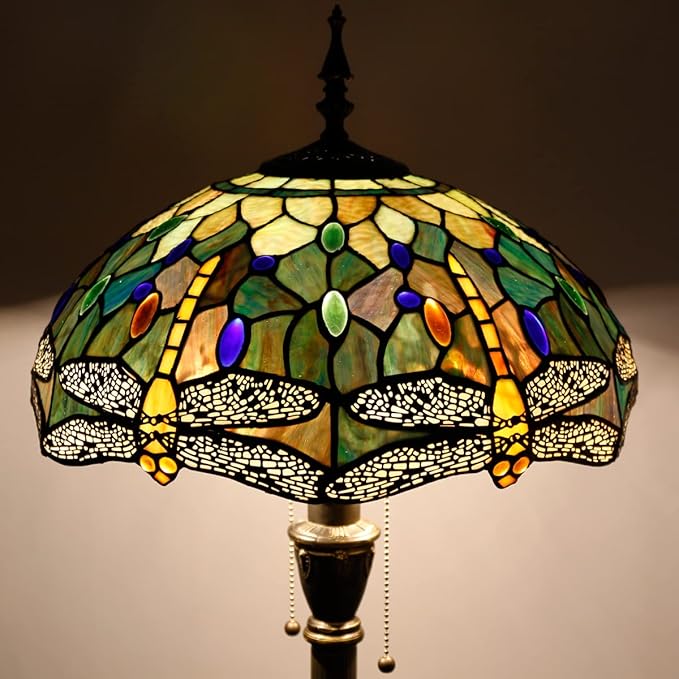Stained glass floor lamp with colorful dome shade and bronze base on pole