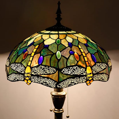 Stained glass floor lamp with colorful dome shade and bronze base on pole
