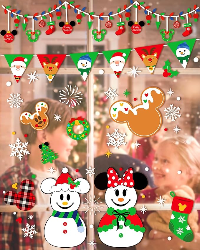 Christmas window clings with Santa, snowman, gingerbread, lollipops, and wreaths
