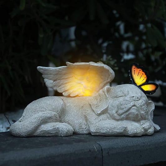 Sleeping Puppy Angel Memorial Statue with Solar Light - Resin Dog Memorial Sculpture with Butterfly for Garden, Lawn, Patio, and Indoor Remembrance