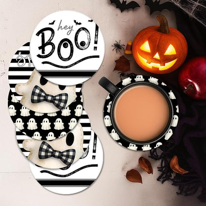 Halloween ceramic coaster set with “hey Boo!” text, ghost and pumpkin-themed designs; cork bases