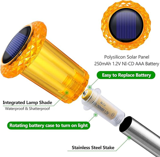 Orange solar stake light components: clear lamp head, solar panel, and battery case