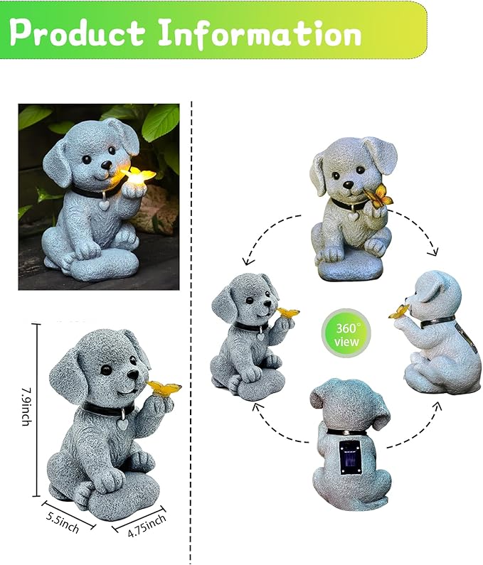 Solar Dog Garden Statue Holding Butterfly - Waterproof Resin Outdoor Decor with Cozy Glow