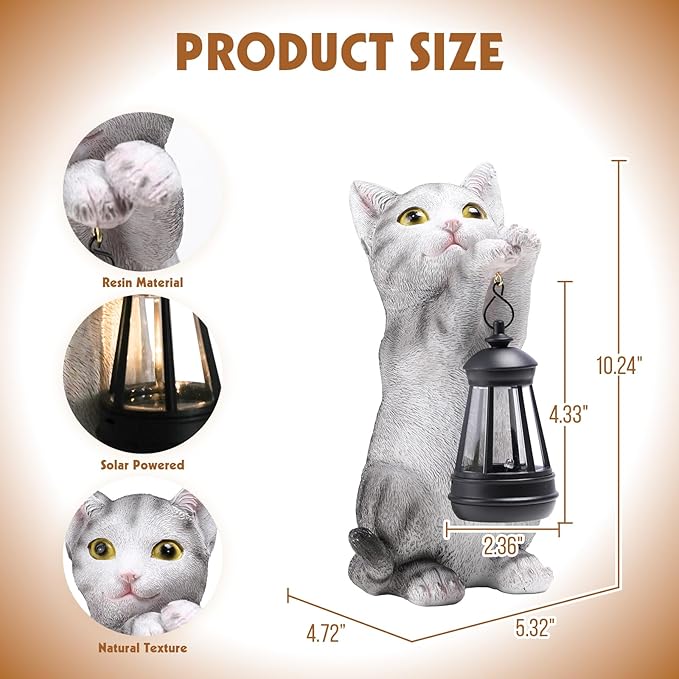 British Shorthair Cat Solar Garden Statue with Lantern - Weather-Resistant Resin Decor