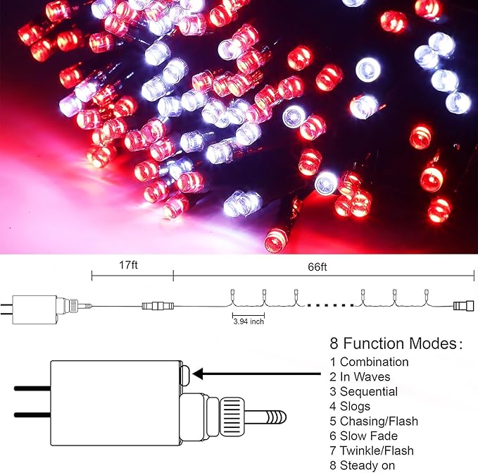 Red and white mini LED string lights diagram with plug and 8 modes