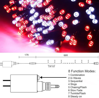 Red and white mini LED string lights diagram with plug and 8 modes