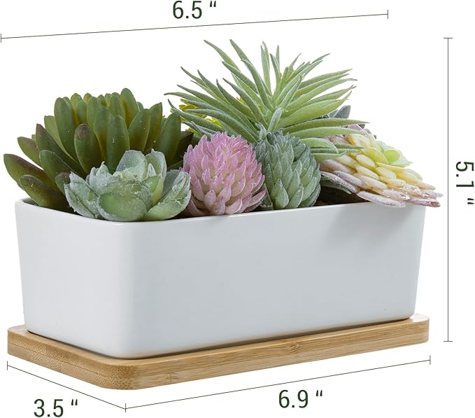 White ceramic rectangular faux succulent planter with bamboo tray and assorted succulents