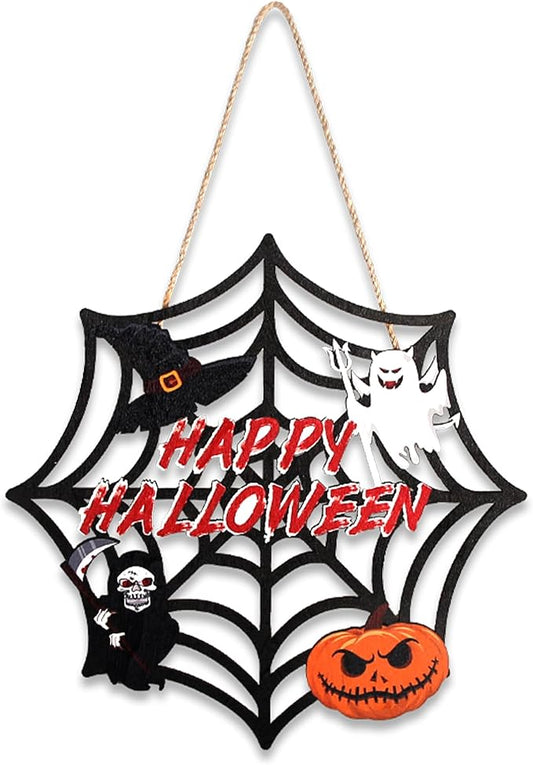 Happy Halloween spider web hanging decoration, black with ghost and jack-o'-lantern pumpkin