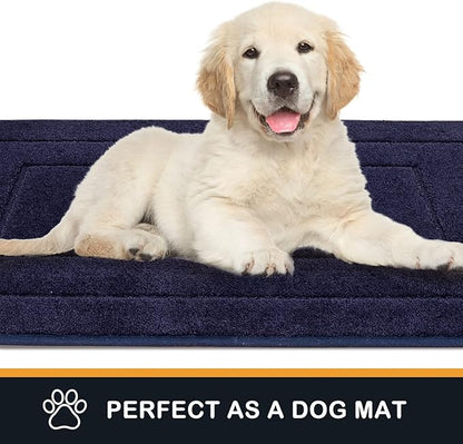 Navy blue low-pile runner mat with textured surface, pet-friendly size