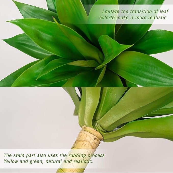 Close-up faux agave leaves with green tones and tan stem base
