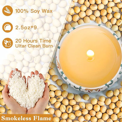 Close-up of a lit scented soy candle in a round ceramic holder, warm glow