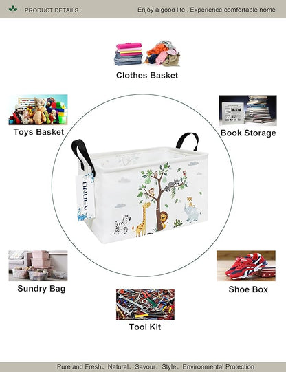 Jungle Tree Animals Canvas Storage Hamper Basket - Foldable Waterproof Cartoon Safari Bin for Kids Room, Playroom, and Animal Lover Gifts