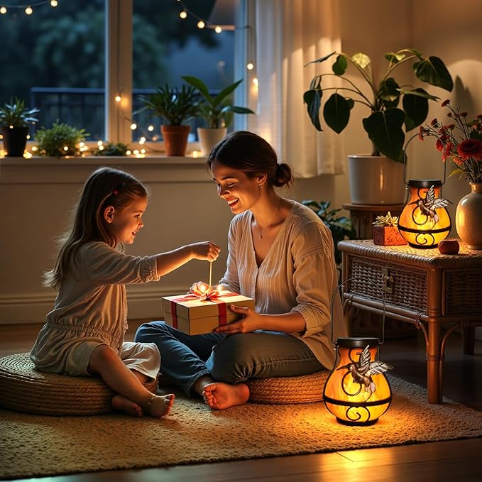 Glowing solar hanging lantern with angel flame design on patio floor outdoor decor