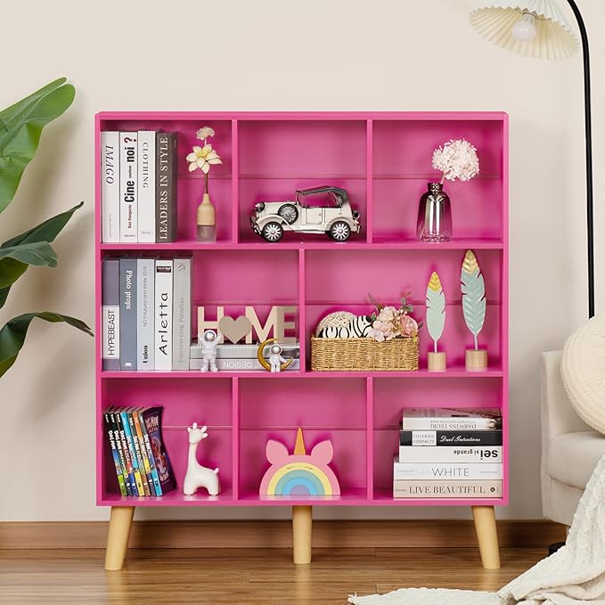 Pink 8-Cube Criss-Cross Bookshelf with Legs - 3-Tier Frosted Modern Open Bookcase for Nursery and Bedroom