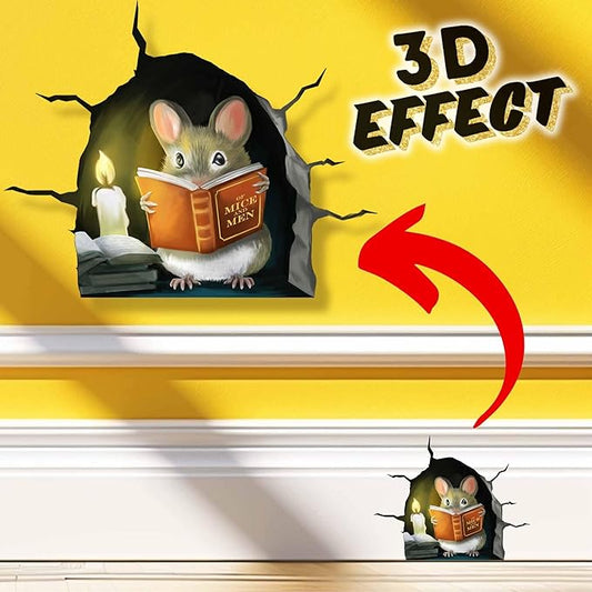 Mouse hole wall decal sticker with a reading mouse in a torn wall opening