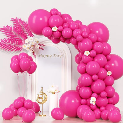 Hot Pink Balloon Garland Kit – 130pcs | 4 Sizes 5" 10" 12" 18" Natural Latex | Bold Birthday Valentine's Day Bachelorette Party Decorations