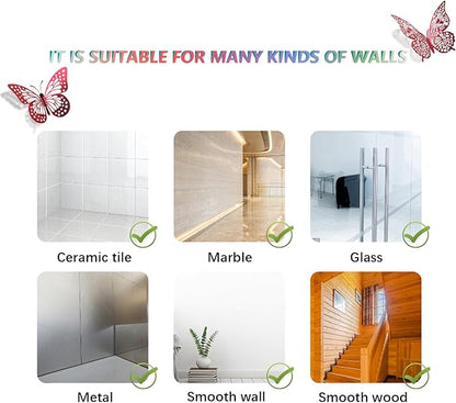 Red 3D butterfly decals shown with icons for multiple wall surface types