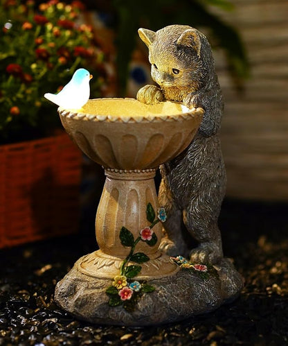 Cat Birdbath Garden Statue with Solar Light - Handcrafted Resin Outdoor Decor