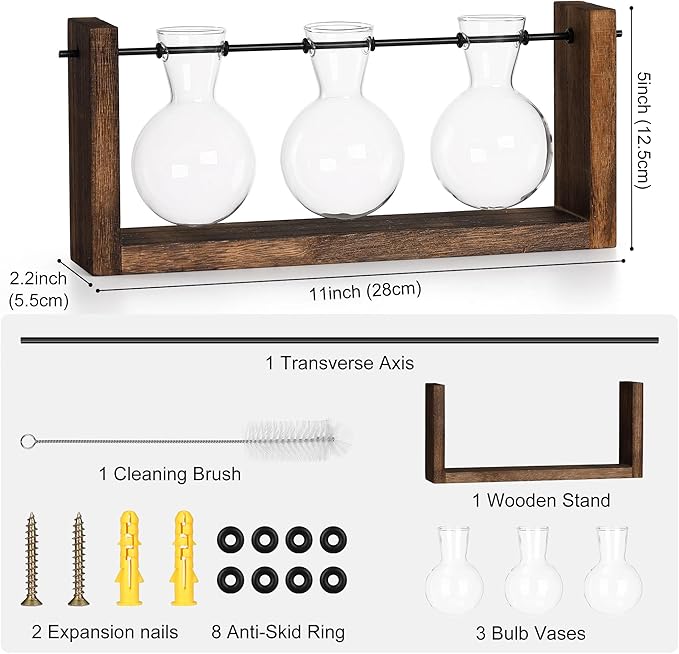 Brown wooden 3-bulb propagation stand with three clear glass bulb vases
