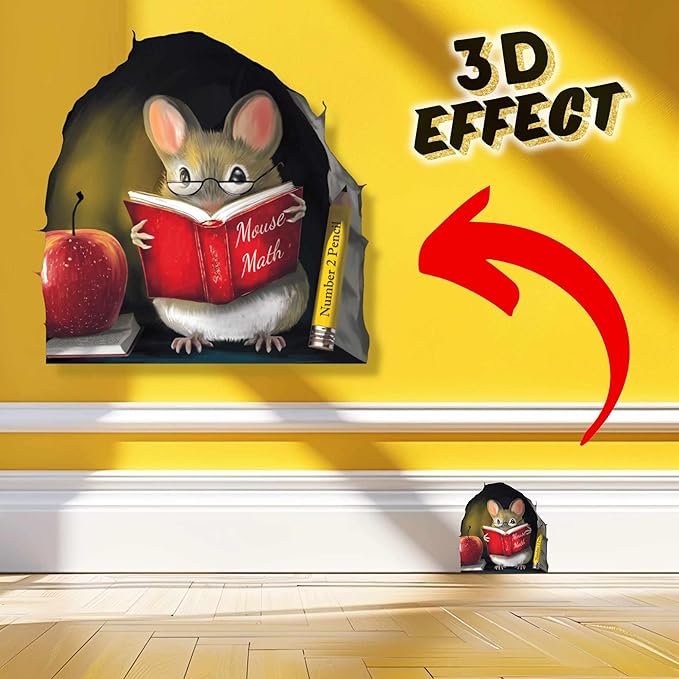 3D-look mouse reading book wall sticker with red apple and yellow pencil design.