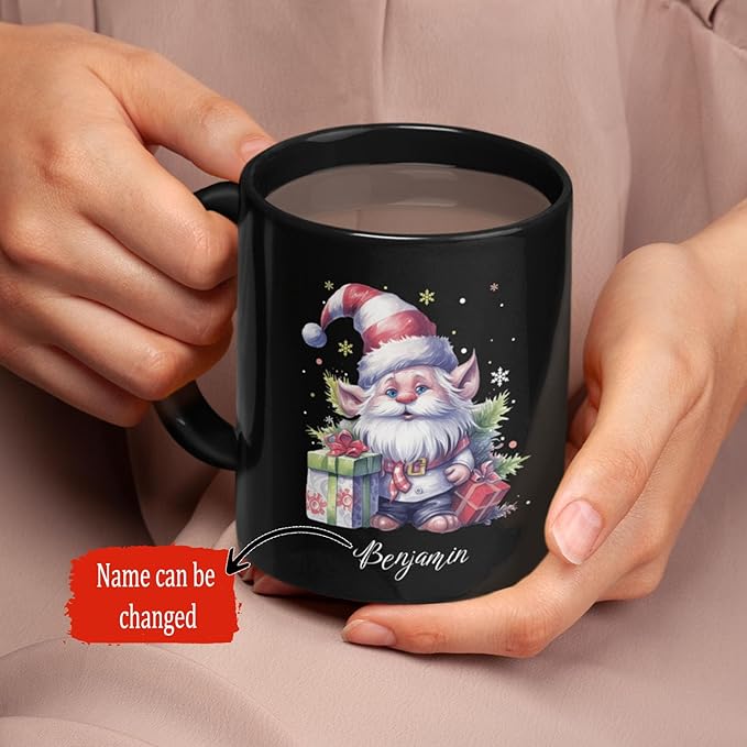 Black mug held by hands, holiday gnome graphic with customizable name Benjamin