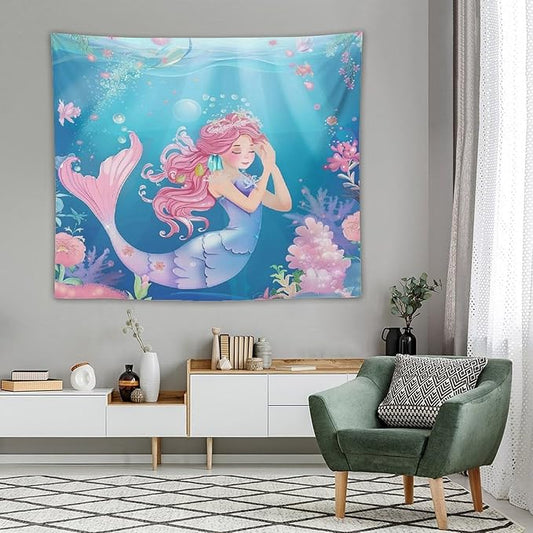Floral Mermaid Princess Wall Tapestry – 60" x 50" Watercolour Flowers & Blessing Design | Taller Mid-Size | Girls Bedroom Nursery Kids Room | Wall Hanging