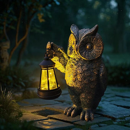 Solar Owl Garden Statue Holding Lantern - Realistic Resin Evening Gathering and Pathway Decor
