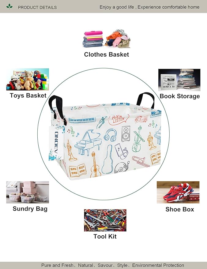 Musical Instruments Canvas Storage Hamper Basket - Foldable Waterproof Music Lover Bin for Kids Room, Music Room, and Gift Hampers