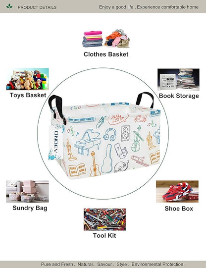Musical Instruments Canvas Storage Hamper Basket - Foldable Waterproof Music Lover Bin for Kids Room, Music Room, and Gift Hampers