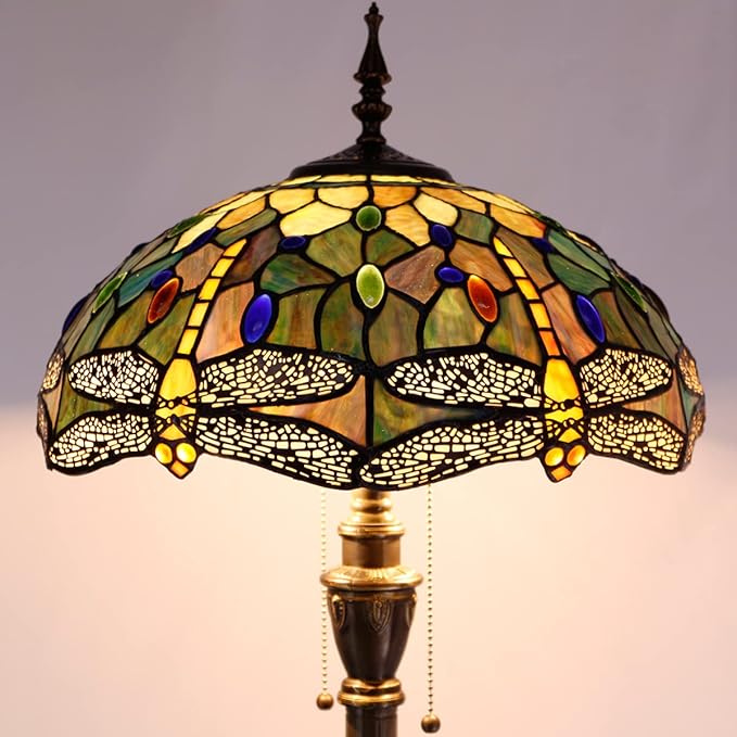 Stained glass floor lamp with amber green and blue shade and bronze pull-chain cord