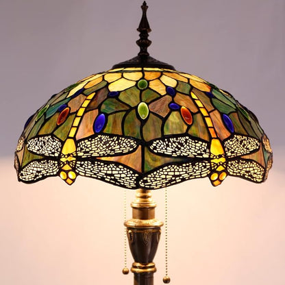 Stained glass floor lamp with amber green and blue shade and bronze pull-chain cord