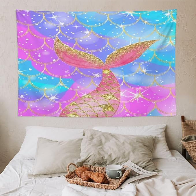 Mermaid Scales Wall Tapestry – 90" x 60" XL Colourful Shiny Mermaid Tail Pattern | Widest Statement Size | Bedroom Living Room Dorm Feature Wall