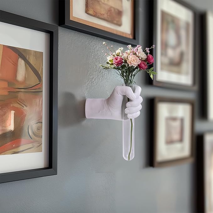 White Hand Wall Vase Sculpture - Modern Wall-Mounted Art with Glass Test Tube Vase for Flowers, Plants, and Decorative Branches