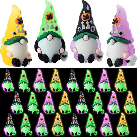 Set of luminous mini Halloween gnome figurines, witch hats, assorted bright glowing colors
