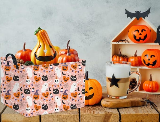 Kids rectangular Halloween storage basket, pink with cat, pumpkin, ghost pattern and carry handles